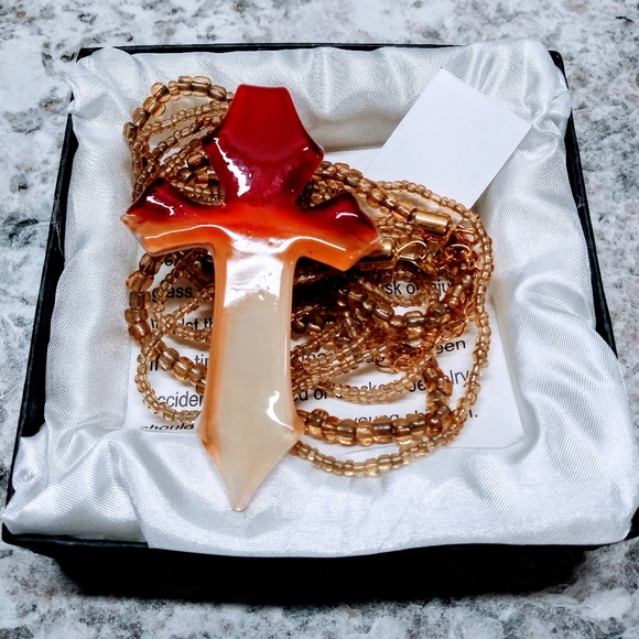 Glass Cross Necklace- Merengue Orange Red Cream - Picture 7 of 8